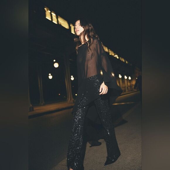 NWT ZARA FLARED SEQUIN LEGGINGS - Picture 3 of 15